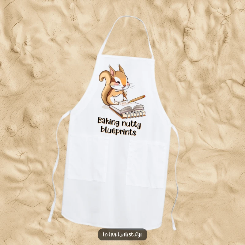Funny apron showing a content squirrel artist sketching a unique design in a tiny notebook, perfect for messy creative endeavors.