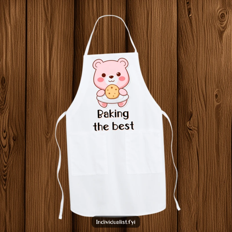 Funny Kawaii bear with a warm smile, offering a uniquely shaped cookie on a plate, on a charming kitchen apron.