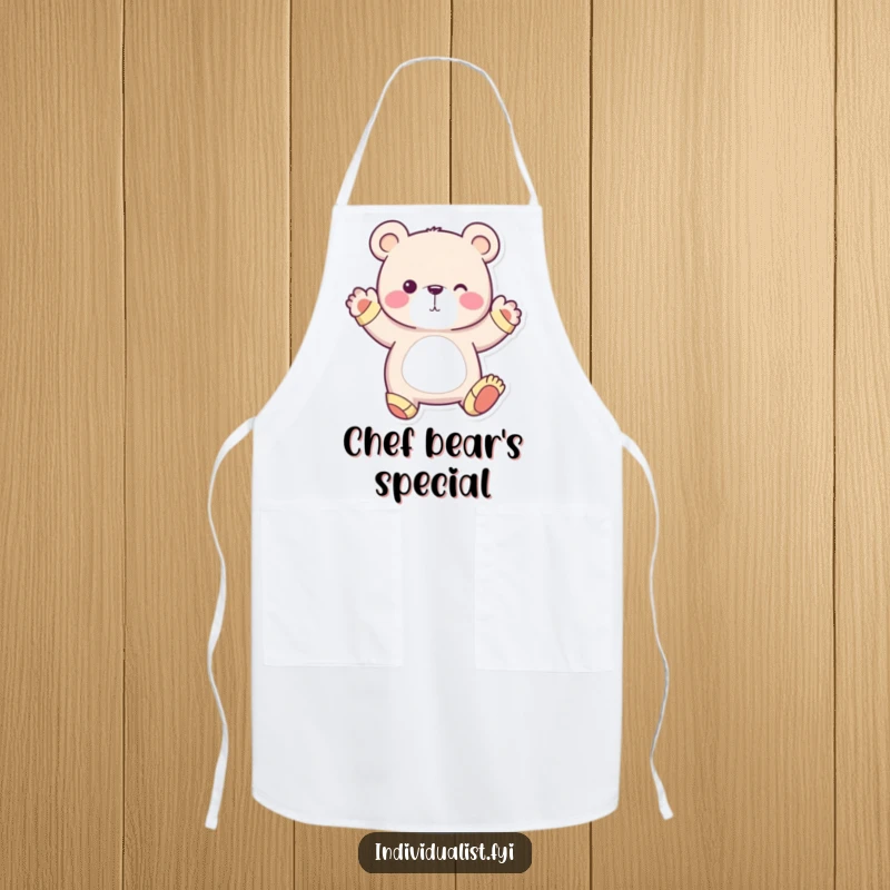 Funny apron featuring a whimsical bear wearing mismatched socks, striking a unique pose, perfect for kitchen fun.