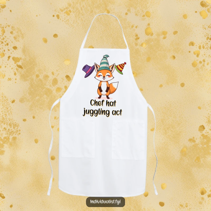 Funny apron showing a spirited fox juggling three different colored, eccentric hats, perfect for keeping clean during messy activities.