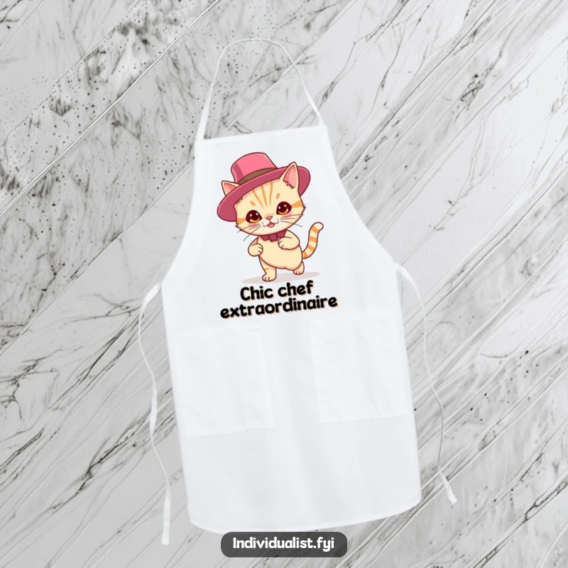 Funny apron worn by a smirking cat in a flamboyant hat, ideal for kitchen tasks and as a humorous gift.