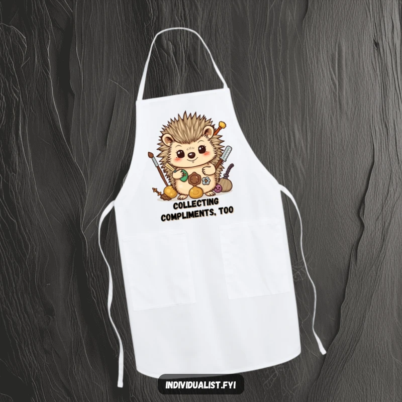 Funny Apron: A proud hedgehog displays its collection of unusual treasures, adding a touch of whimsy to kitchen endeavors.