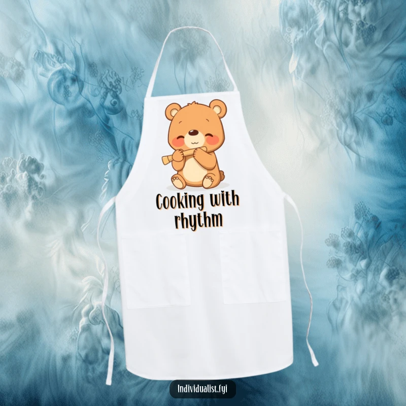 Funny apron with a smiling bear cub playing a tiny flute, perfect for kitchen harmony and fun.