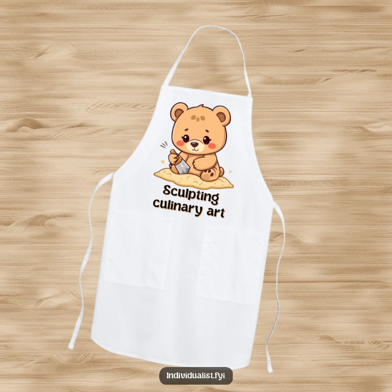 Funny determined bear character sculpting unique patterns in sand while wearing a chef's hat on this humorous kitchen apron.