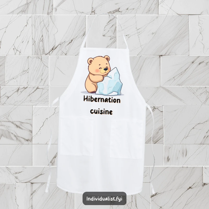 Funny Bear Ice Sculpting Apron, a determined bear concentrating on sculpting a unique ice formation, practical and humorous.