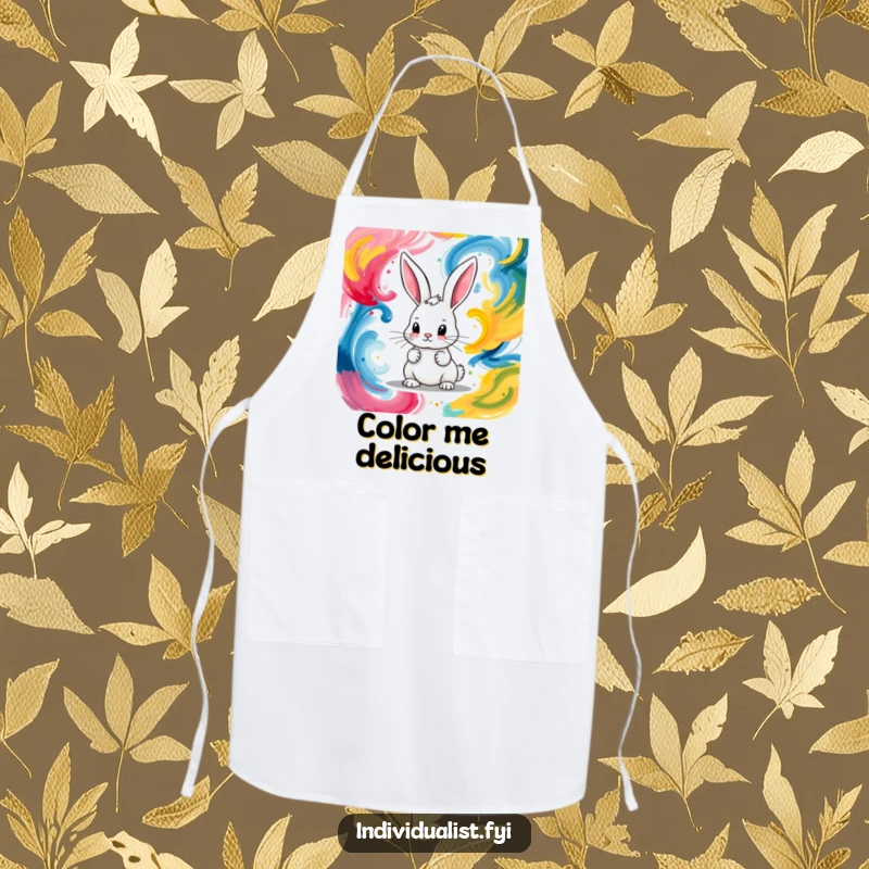 Funny apron featuring a focused bunny artistically painting energetic abstract swirls of vibrant colors.