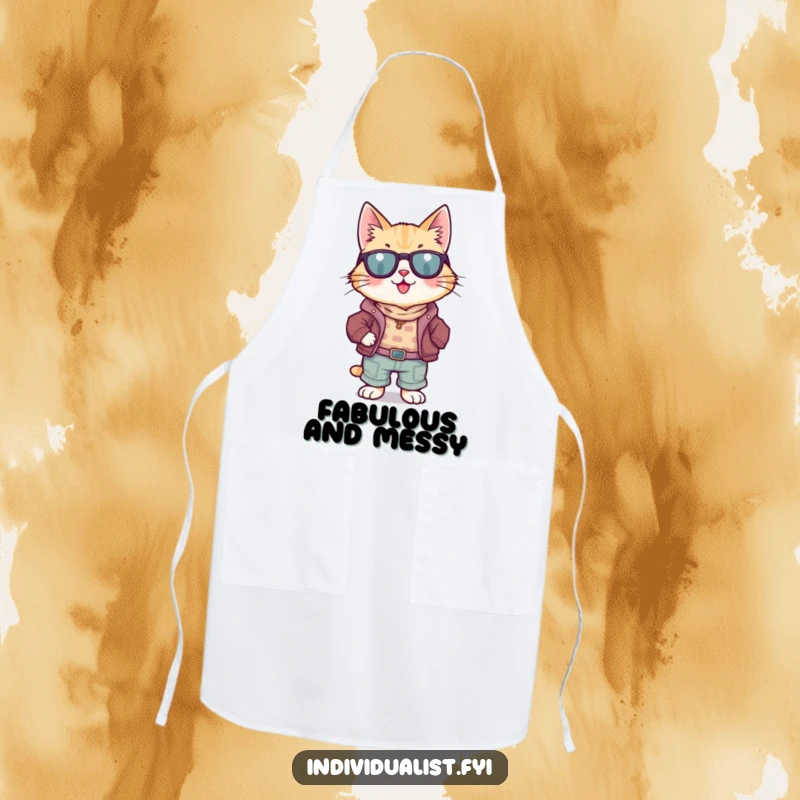 Funny Cat Apron: A happy cat flaunts mismatched clothing while cooking, bringing humor to the kitchen.