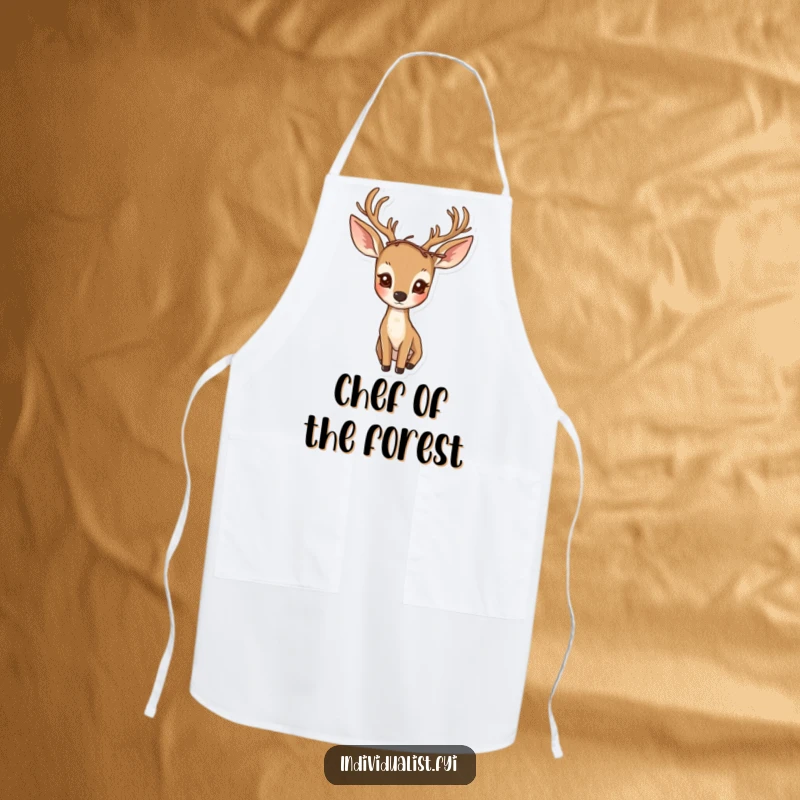 Funny apron featuring a curious deer wearing a natural, asymmetrical crown made of twigs, ready for adventures.