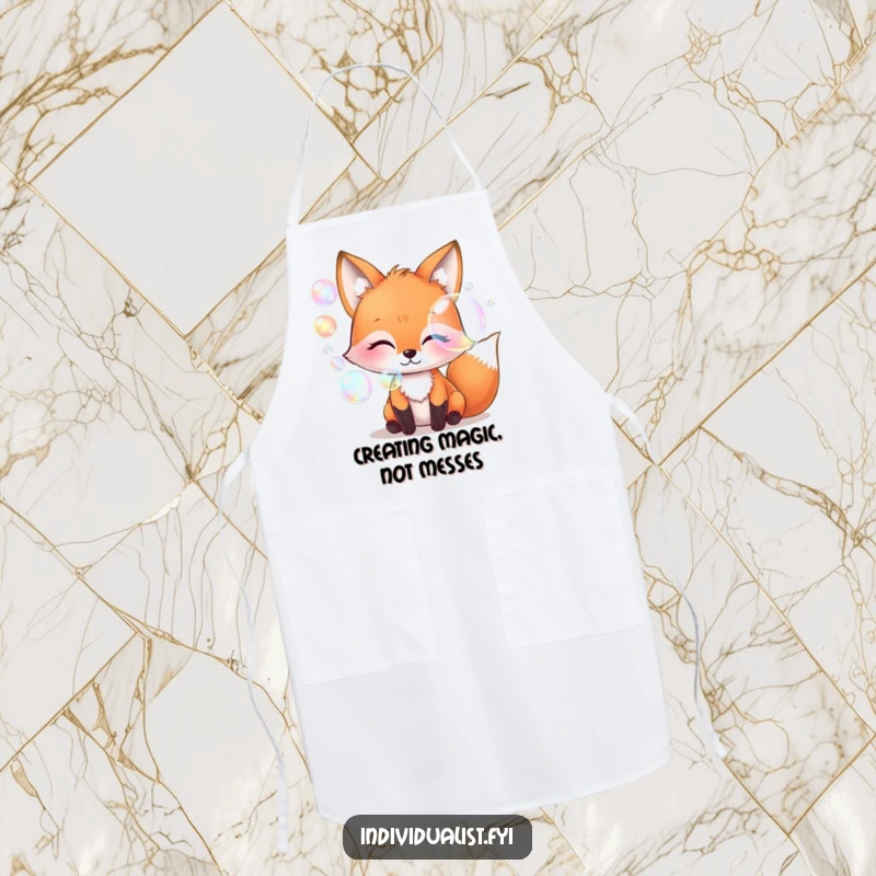Funny whimsical fox blowing iridescent bubbles, cooking apron, kitchen accessory, magical art, unique and funny gift for bakers.