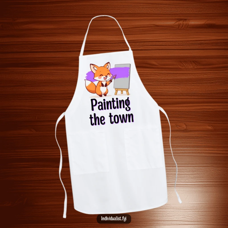 Funny apron showing a joyful fox painting a bright purple stripe on a grey canvas, great for creative tasks and as a humorous gift.