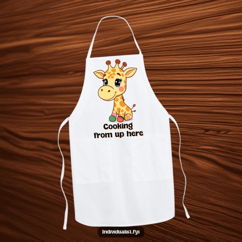 Funny Giraffe Apron: Happy giraffe wearing mismatched colorful socks, ready to cook with flair and humor.