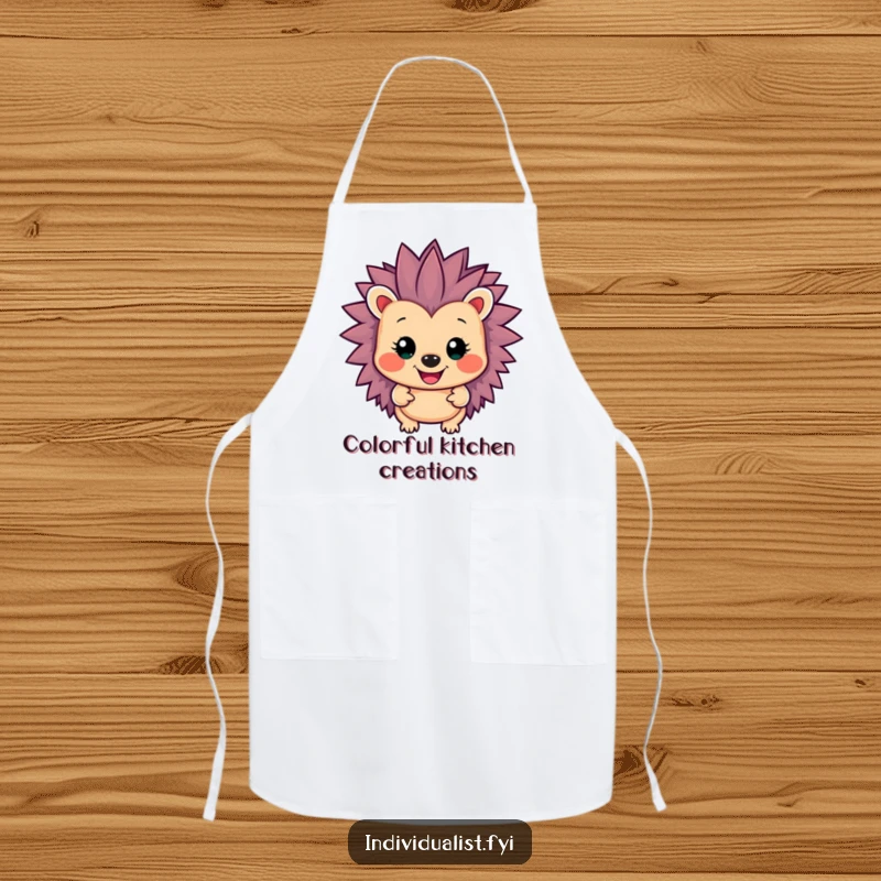 Funny smiling hedgehog with unusually vibrant, spiky colors wearing a chef's hat on this humorous kitchen apron.