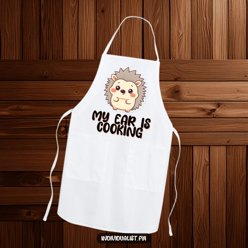 Funny Hedgehog Apron depicting a happy hedgehog chef with one ear perked up, ready for culinary adventures.