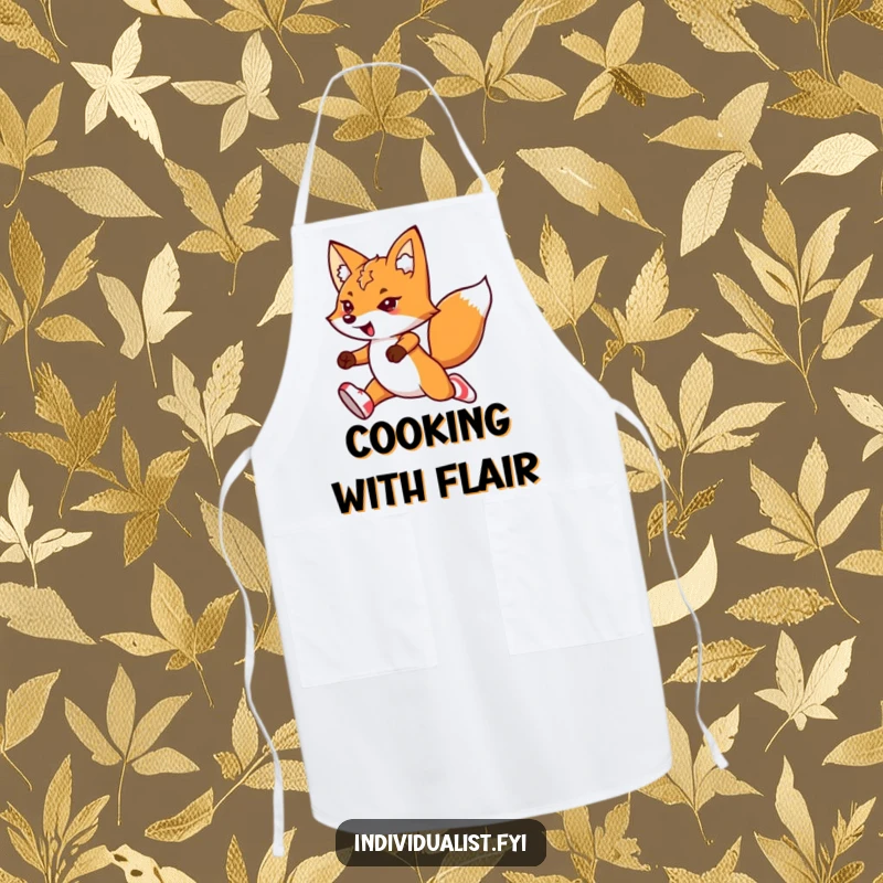 Funny kawaii fox apron, depicting a determined fox in mismatched socks, leaping with flair, ready for kitchen fun.