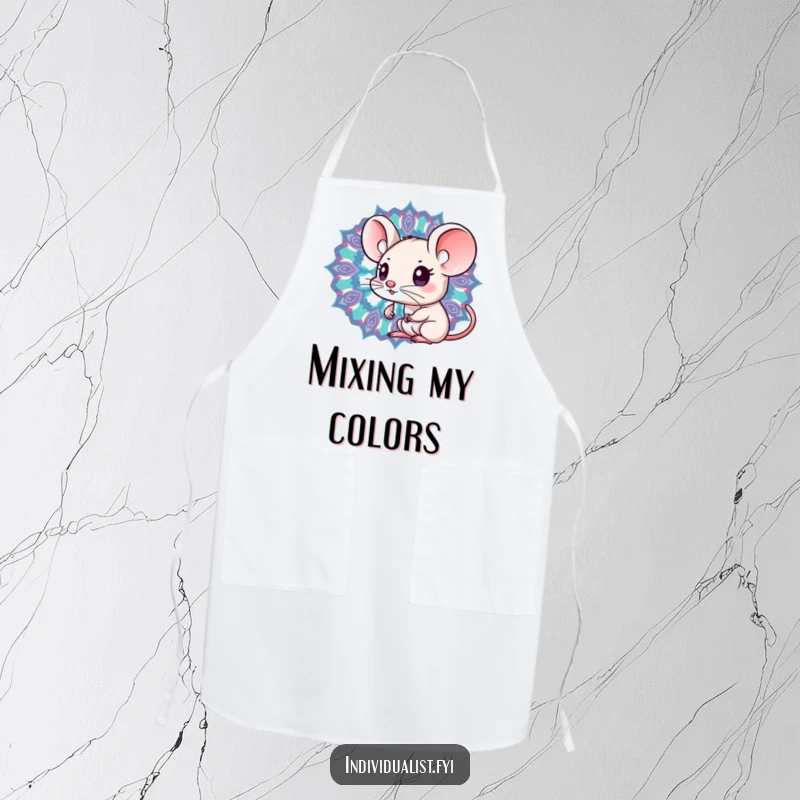 Funny Kawaii mouse peering into a kaleidoscope of distinct patterns on a kitchen apron, ready for culinary adventures.
