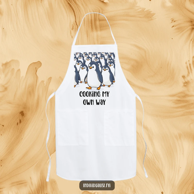 Funny Kawaii penguin purposefully walking against a stream of identical penguins on a kitchen apron, for unique cooking.