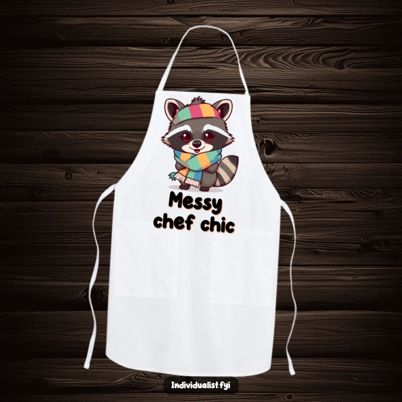 Funny raccoon apron depicting a mischievous raccoon sporting an outlandish, multi-colored scarf, perfect for chefs.