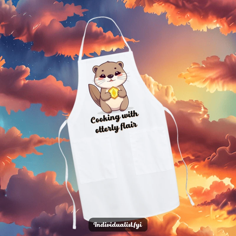 Funny Otter Apron with a mystical glowing amulet, perfect for kitchen magic and humorous cooking sessions.