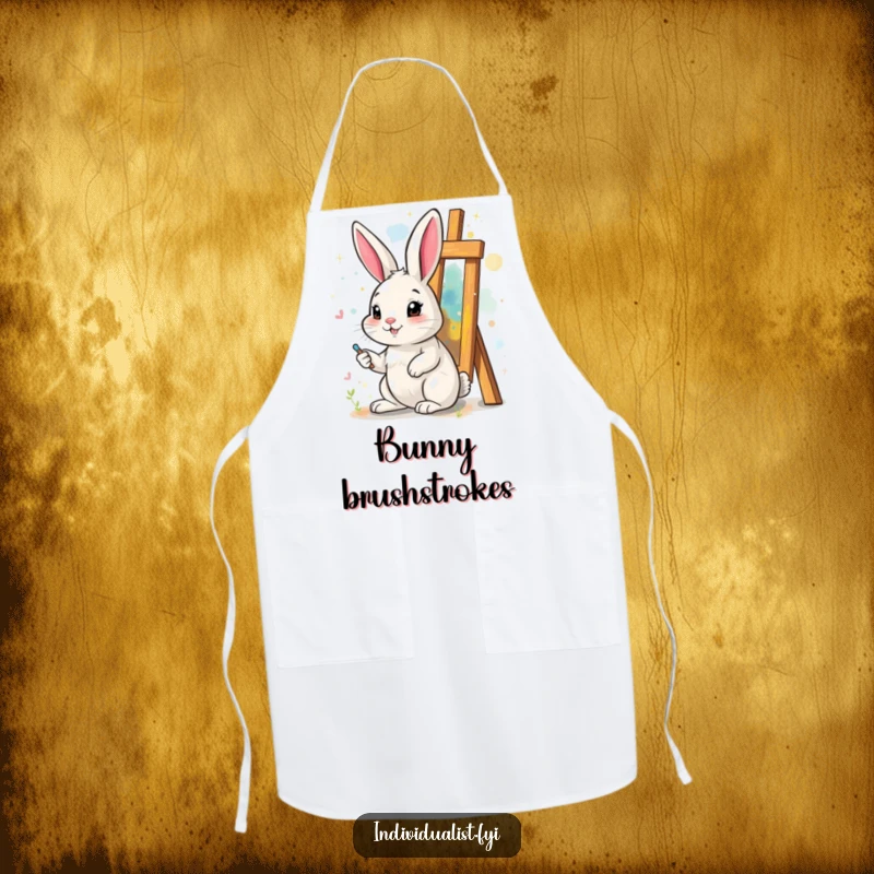 Funny apron showcasing a cheerful rabbit painting a surreal, abstract art piece, ideal for a fun and artistic cooking experience.