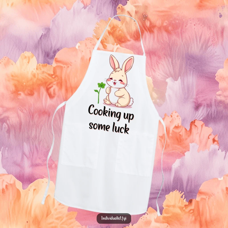 Funny apron with a cheerful rabbit admiring a distinct clover, perfect for adding humor to kitchen activities.