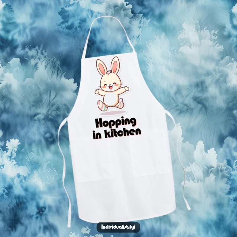 Funny rabbit mismatched socks apron featuring a cheerful bunny skipping, perfect for kitchen activities or general wear with a humorous theme.