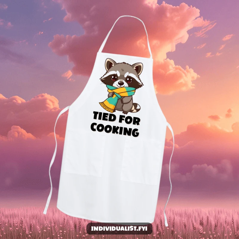 Funny Raccoon Apron featuring a mischievous raccoon chef proudly wearing a colorful scarf tied in an odd, eye-catching knot.