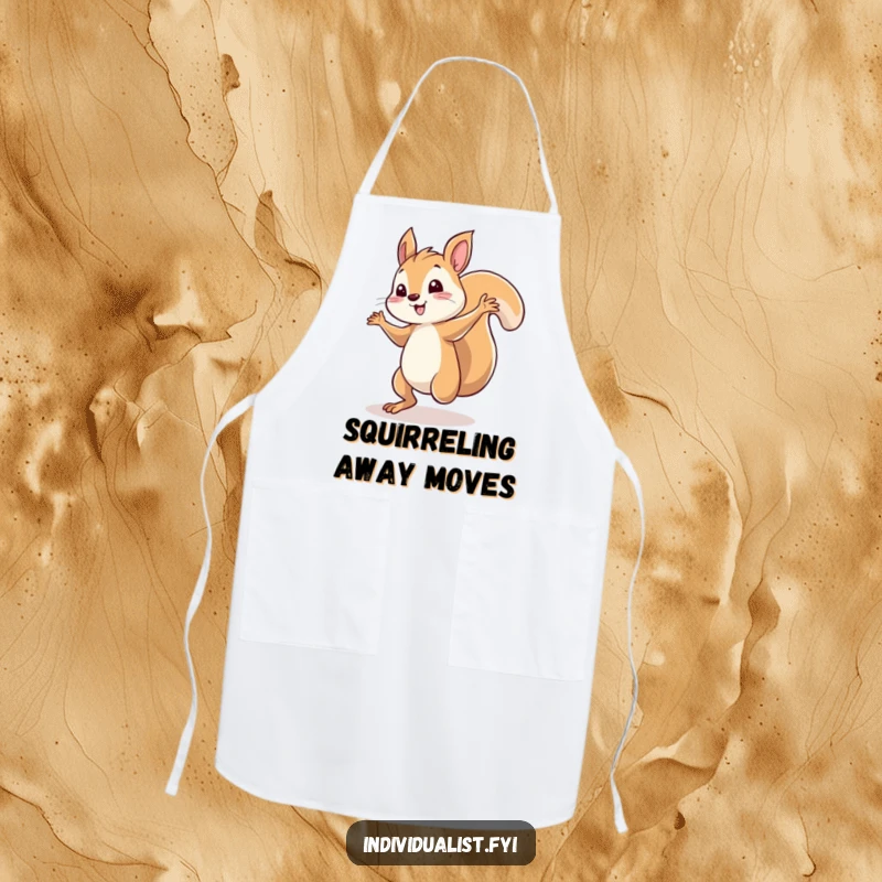 Funny squirrel apron with a whimsical character dancing solo in a kitchen spotlight. A humorous and practical garment for cooking enthusiasts.