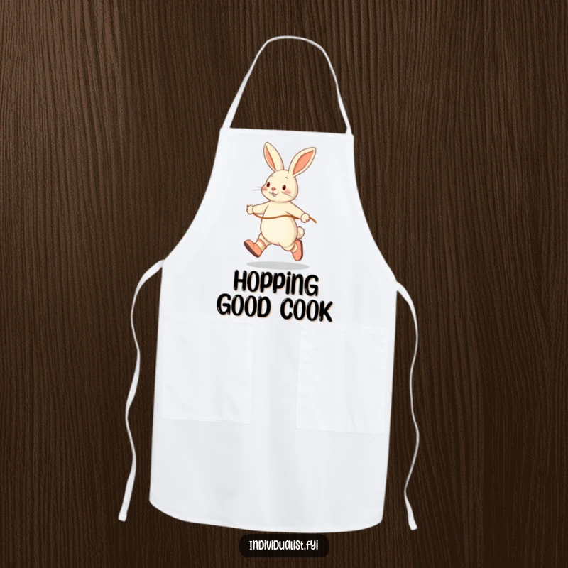 Funny apron showing a happy rabbit skipping rope solo while wearing mismatched socks, great for kitchen tasks and as a humorous gift.