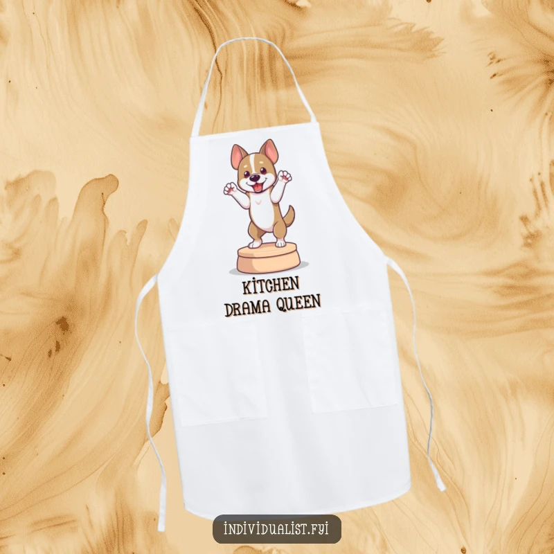 Funny apron featuring a dog in a dramatic pose on a platform, great for kitchen prep and as a humorous gift.