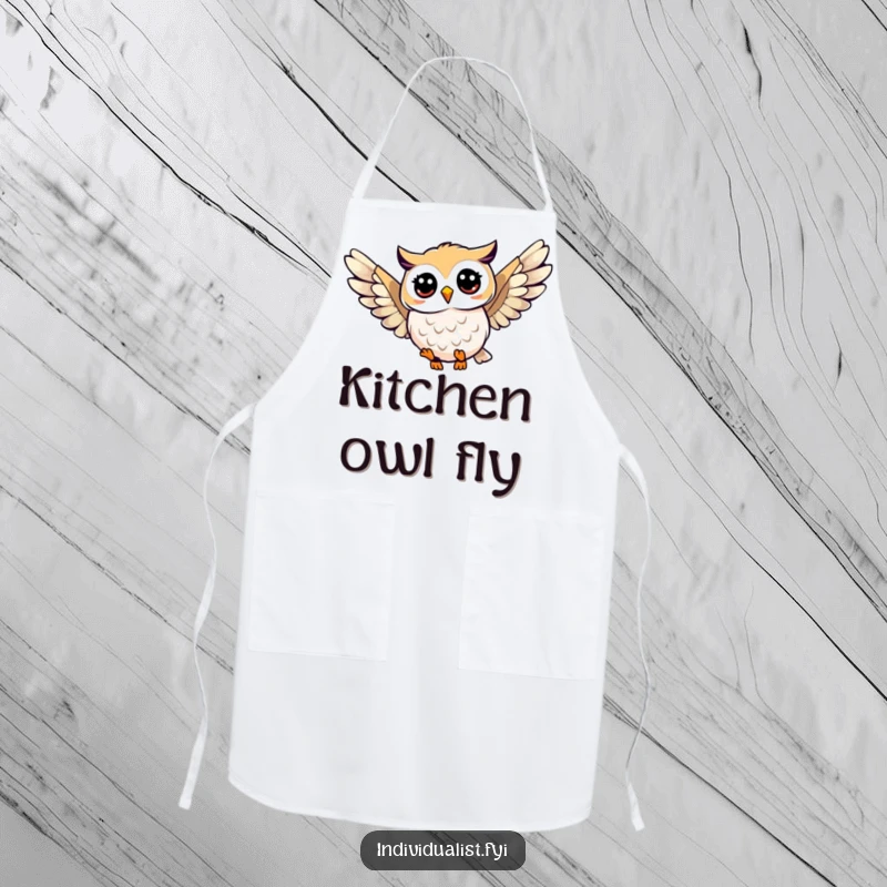 Funny owl soaring apron featuring a happy owl with a unique wing pattern, perfect for kitchen activities or general wear with a humorous theme.