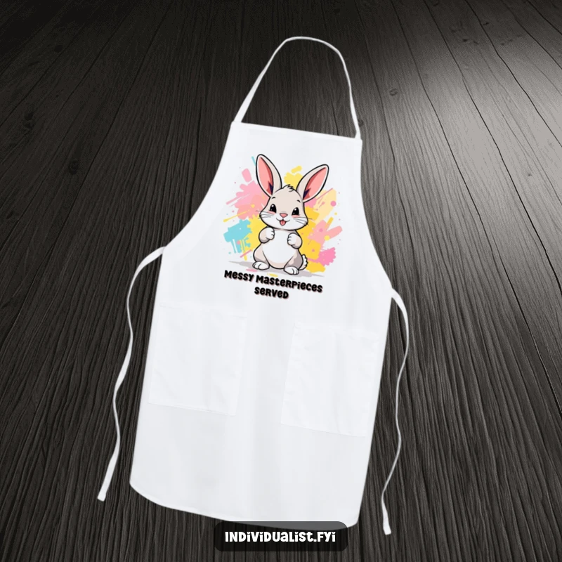Funny Bunny Apron: A playful bunny artist wears an apron while painting, inspiring kitchen creativity.