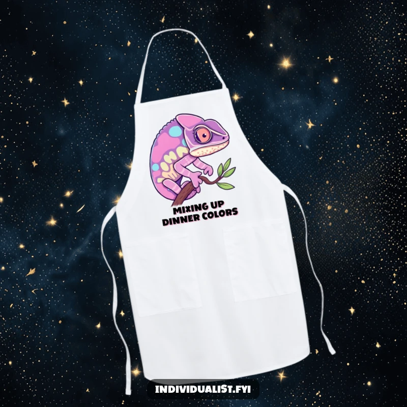 Funny Chameleon Apron: Curious chameleon changing to a vibrant color, ready to cook with flair and humor.