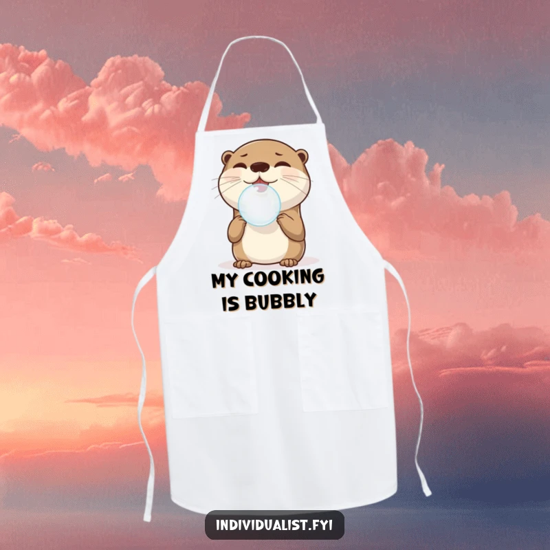 Funny Otter Apron: A joyful otter balances a single, perfectly round bubble on its nose, adding bubbly fun to kitchen tasks, a fun funny gift.