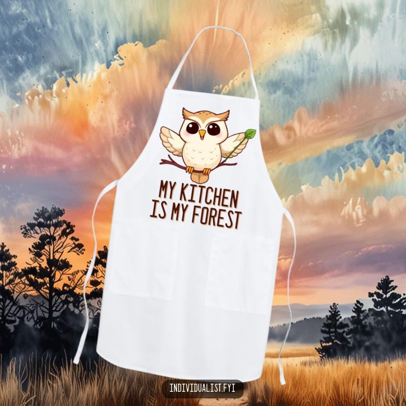 Funny owl leaf apron showing a joyful owl in flight with a unique leaf, ideal for kitchen protection and humor.