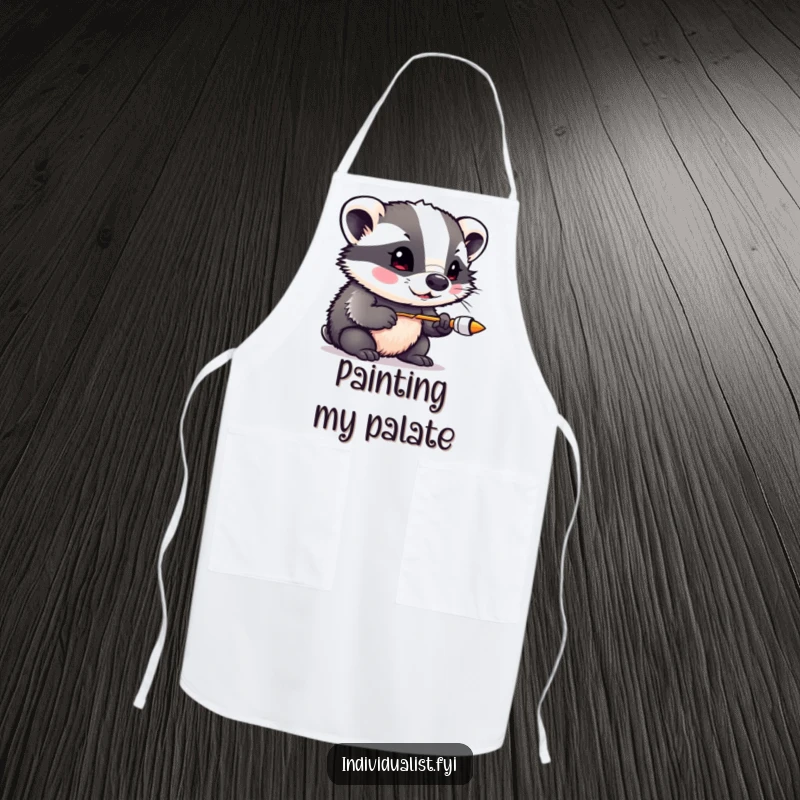 Funny badger splattered with vibrant paint, being artistic, printed on a functional apron, a creative kitchen accessory.