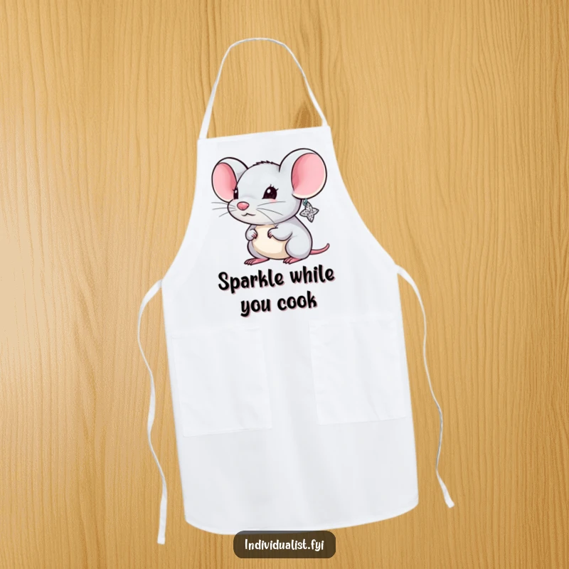 Funny Mouse Apron featuring a tiny chef mouse proudly wearing a single, large, shimmering earring while preparing a meal.