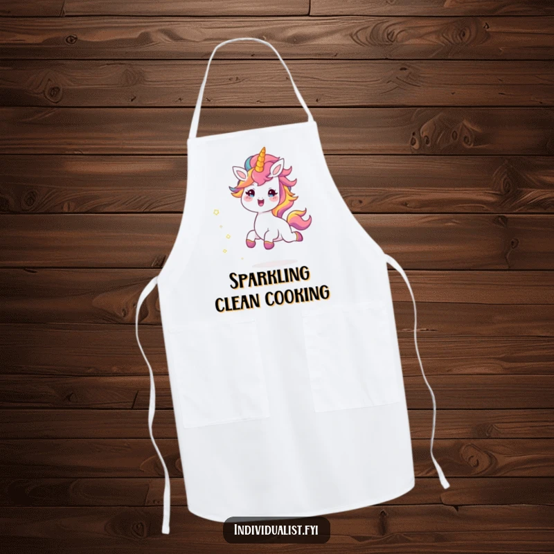 Funny apron decorated with a cheerful creature skipping joyfully, trailing sparkles, a whimsical and practical kitchen accessory for chefs.