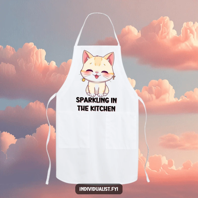 Funny apron featuring a giggling cat proudly wearing a single, oversized, shiny sparkly earring while cooking.