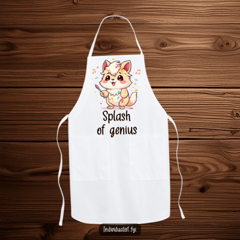 Funny Apron: A creative creature with a paint splash on its fur hums a happy tune, bringing artistic humor to cooking.