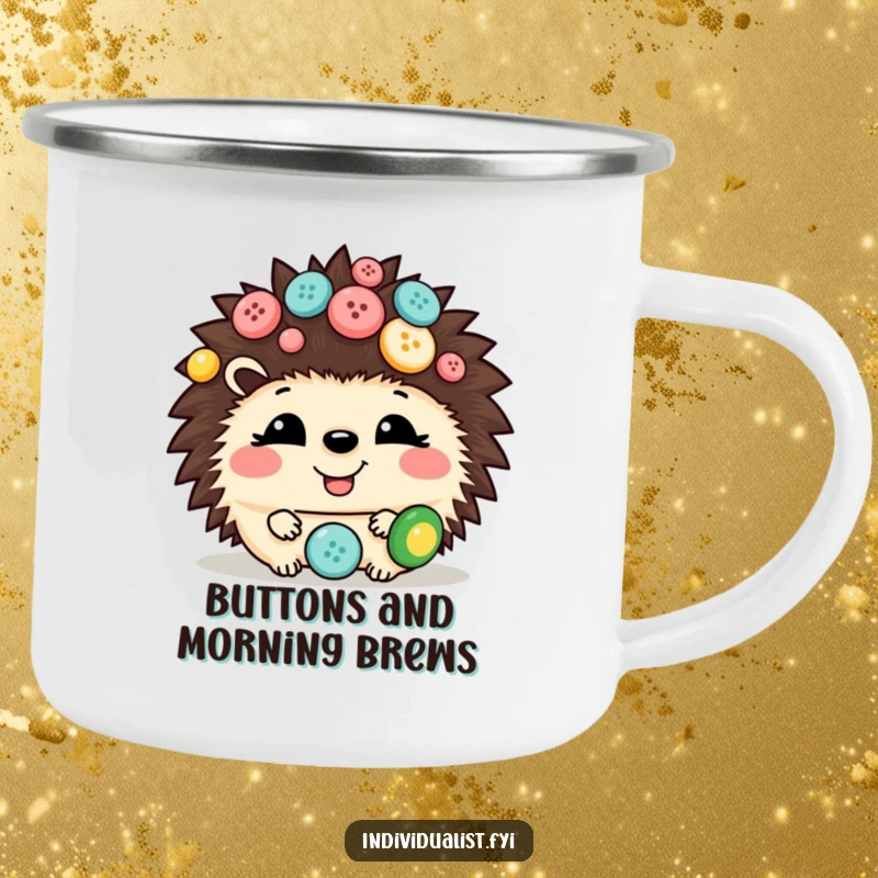 Funny hedgehog enamel camping mug with a giggling hedgehog covered in mismatched buttons, ideal for outdoor use and humorous gifting.