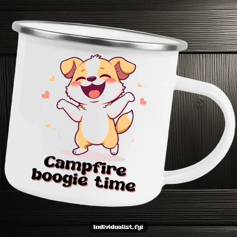 Funny Camping Mug: A dog dances with infectious joy, perfect for outdoor enthusiasts who love a good laugh and canine companionship.