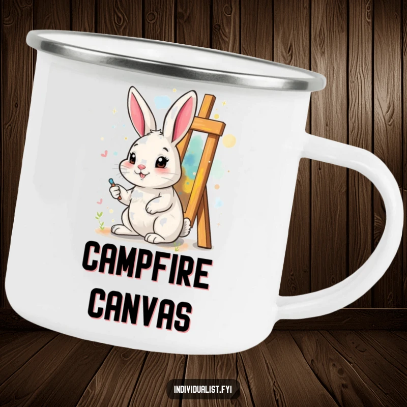 Funny camping mug with a cheerful rabbit painting a surreal abstract piece, perfect for rugged and humorous outdoor use.