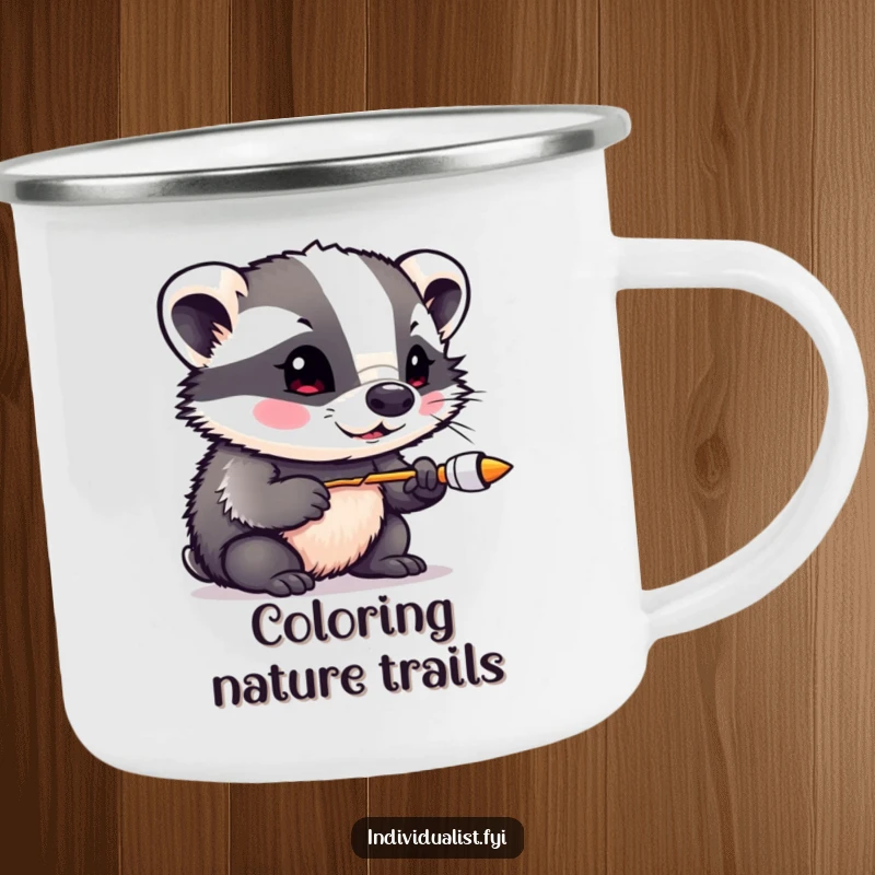 Funny badger experimenting with vibrant paints, on a sturdy enamel camping mug, perfect for creative outdoor sessions.