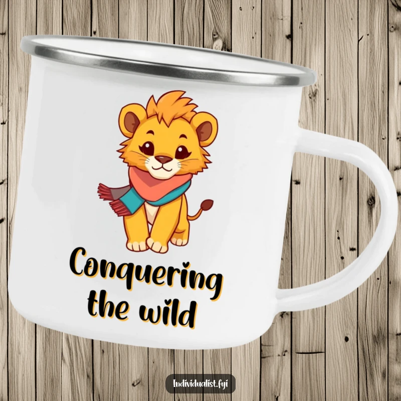 Funny Lion Cub Camping Mug: Determined cub in a scarf, ready for adventures with a confident, humorous spirit.