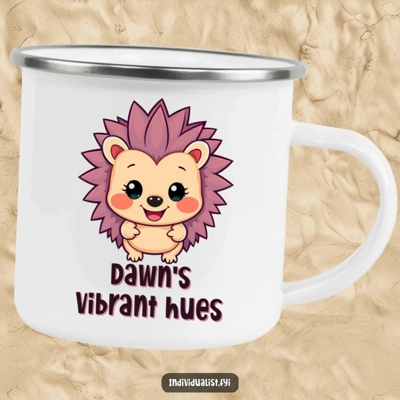 Funny smiling hedgehog character with unusually vibrant, spiky colors on a durable camping mug for outdoor enjoyment.