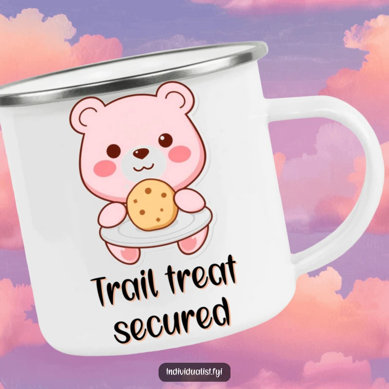 Funny Kawaii bear smiling and offering a unique cookie on a plate on a durable camping mug, for sweet outdoor enjoyment.