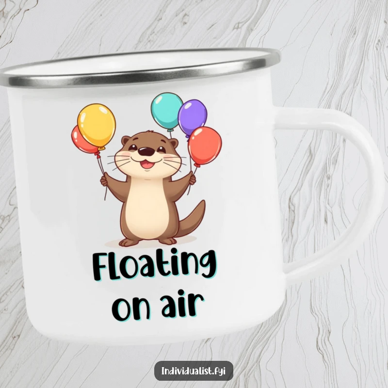 Funny otter camping mug, happy otter juggling colorful balloons, outdoor party gear.