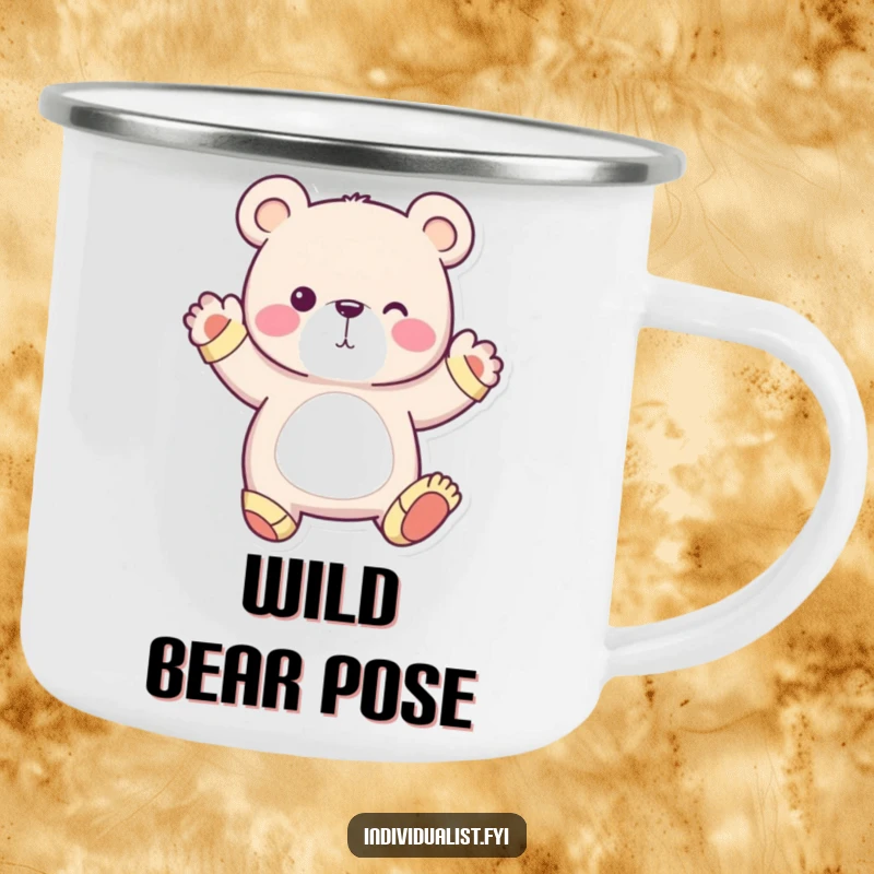 Funny enamel camping mug featuring a whimsical bear wearing mismatched socks, striking a unique pose, ideal for quirky outdoor enthusiasts.
