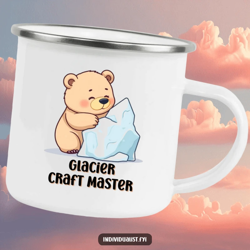 Funny Bear Ice Sculpting Camping Mug, a determined bear sculpting a unique ice formation, for rustic artistic focus.