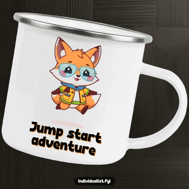Funny camping mug with a playful fox in a bright outfit doing a lively jump, perfect for rugged and humorous outdoor use.